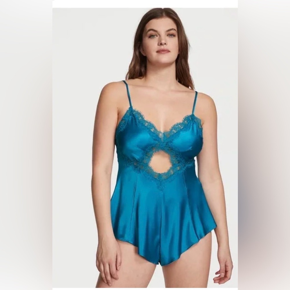 VICTORIA'S SECRET Stretch Satin Cutout Lingerie Sexy Romper Teal Turquoise Sz S